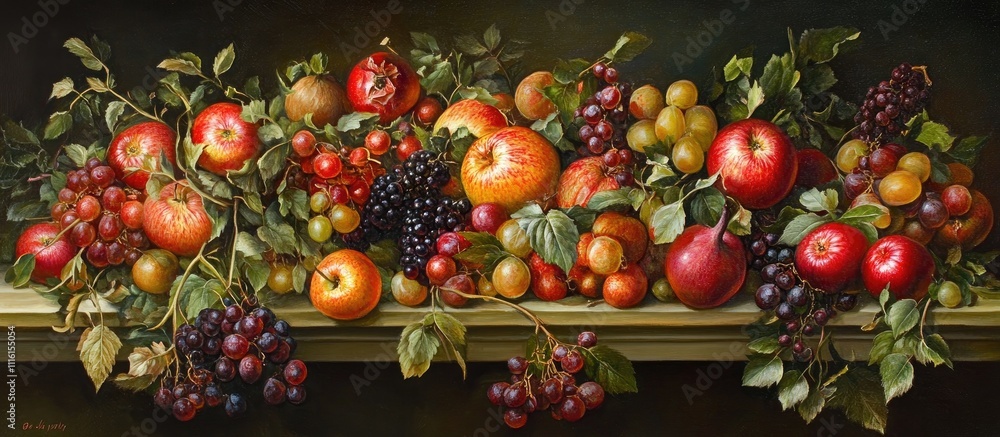 Aufkleber bountiful still life of assorted fruits with vibrant colors and lush foliage on a wooden shelf creat