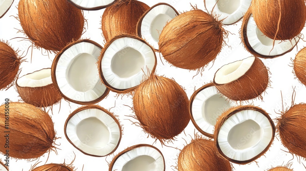Poster coconuts with brown husk and white flesh scattered on a clean white background showcasing tropical f