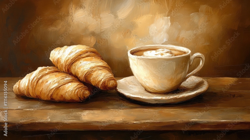 Poster breakfast with coffee and croissants on a rustic cafe table warm tones inviting morning atmosphere d