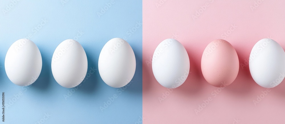 Poster white and pastel colored eggs arranged symmetrically on a split background for spring or easter-them