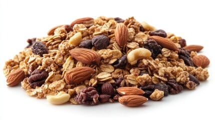 Obraz premium Homemade baked cereal blend with nuts and dried fruits arranged beautifully on a clean white background for healthy eating promotion