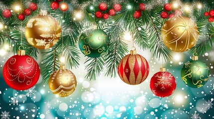 Festive red and gold ornaments with evergreen branches and a glowing bokeh background.