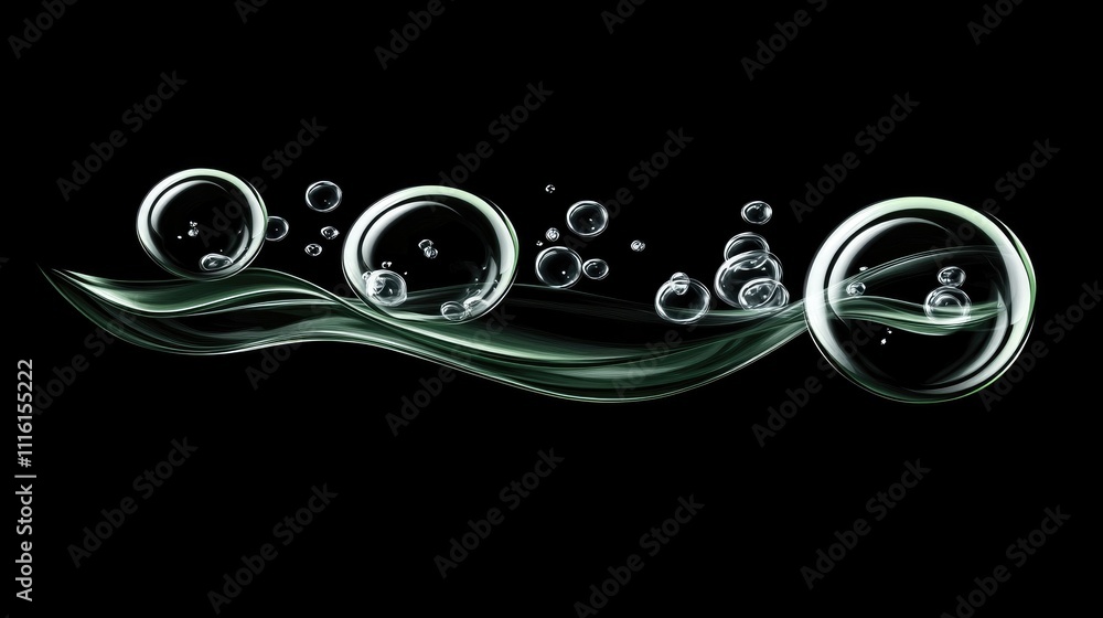 Poster Bubbles rising in dark water surface creating an elegant liquid backdrop with green hues and smooth wave designs for visual effects