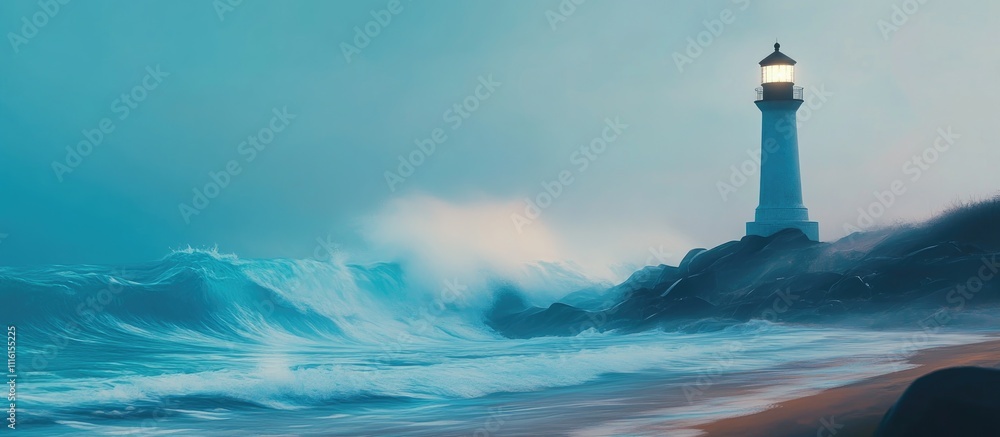 Poster coastal scenery with a lighthouse on a rocky shore under a dramatic overcast sky and powerful waves 