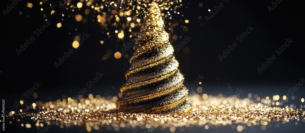 Poster glittering golden cone with sparkling particles creating a festive and luxurious atmosphere on a dar