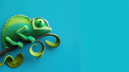Fototapeta premium Vibrant Green Chameleon Resting on a Branch Against a Bright Blue Background in a Captivating Close-Up Shot