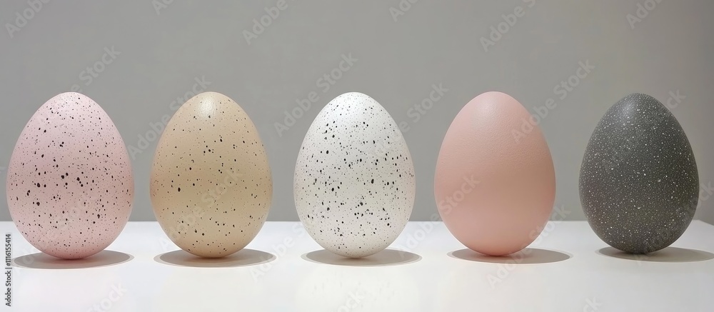 Poster pastel easter eggs in soft shades arranged in a row showcasing subtle textures and speckles on a neu