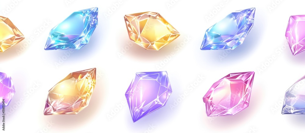 Poster Colorful gemstones arranged in various shapes on a white background showcasing transparency and brilliance for design and decoration use.