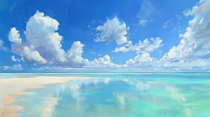 Fototapeta premium Serene turquoise beach landscape under a bright blue sky with fluffy clouds reflecting on calm water during the summer season