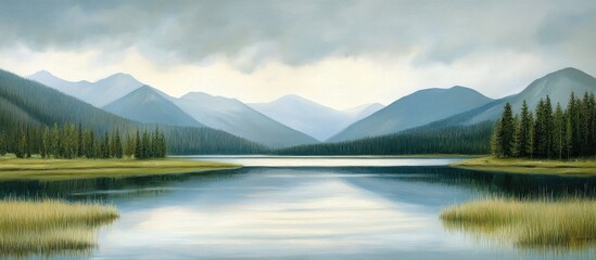 Fototapeta premium Serene mountain landscape with tranquil lake and overcast skies reflecting on water, showcasing nature's beauty and calmness.