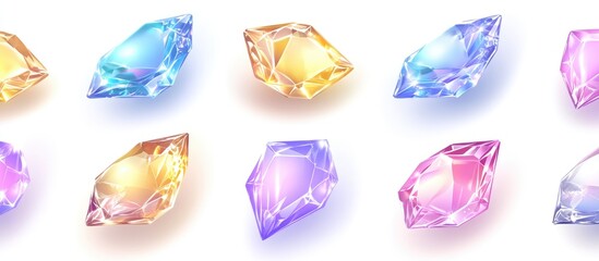 Fototapeta premium Colorful gemstones arranged in various shapes on a white background showcasing transparency and brilliance for design and decoration use.