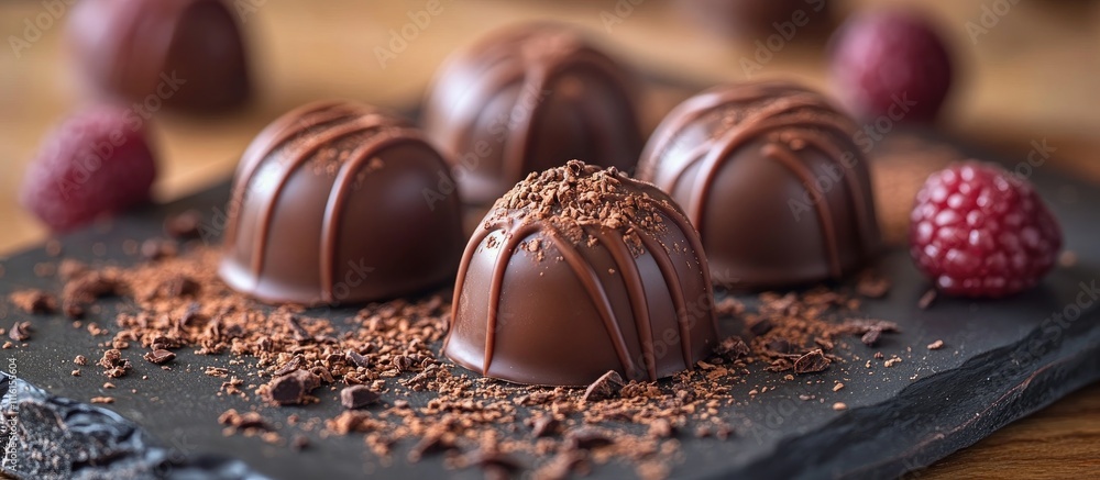 Poster delicious handcrafted chocolate truffles with raspberry garnish and cocoa shavings on a rustic slate