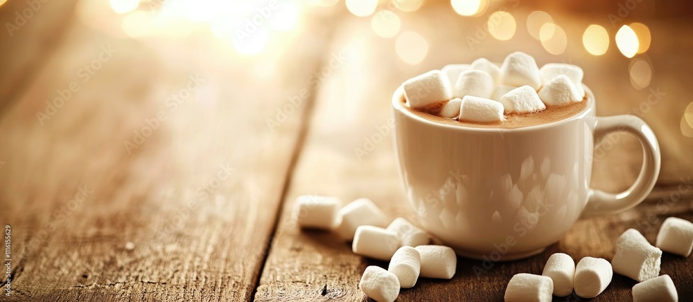 Poster cozy mug of hot cocoa topped with fluffy marshmallows on a rustic wooden table creating a warm festi
