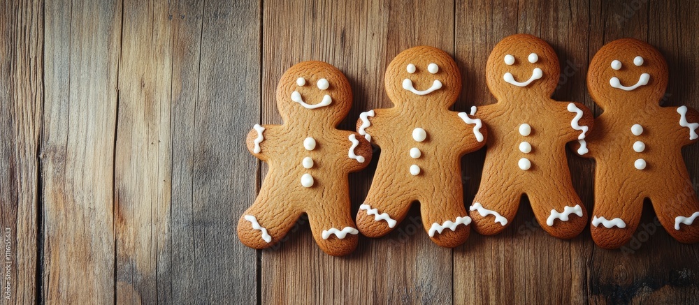 Poster festive gingerbread cookies arranged on a rustic wooden surface with space for a holiday greeting or