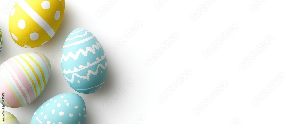 Poster colorful decorated easter eggs arranged artistically on a white background showcasing intricate patt