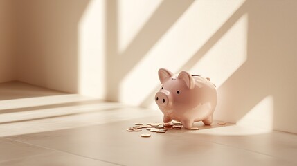 Broken piggy bank with coins scattered around, symbolizing financial struggle and the need for careful budgeting and saving.