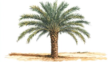 Wild date palm tree illustrated against a clean white background, featuring detailed fronds and textured trunk, botanical art, nature, tropical, isolated plant illustration.