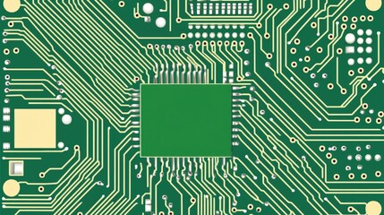 Detailed close-up of a microcircuit showcasing intricate pathways and components on a green printed circuit board for technology concepts.