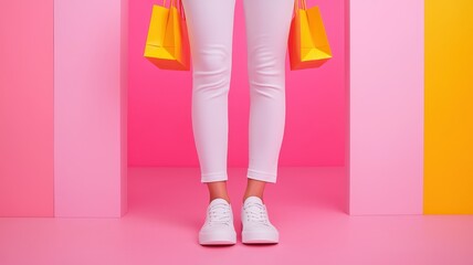 Fashionable legs with shopping bags on colorful