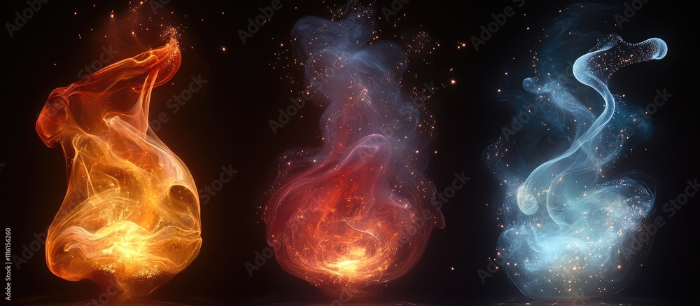 Aufkleber colorful abstract smoke vapor swirling in dynamic shapes with glowing particles against a dark backg