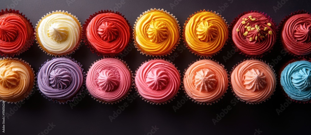 Poster colorful cupcakes with swirled frosting arranged in a row on a dark background showcasing a variety 