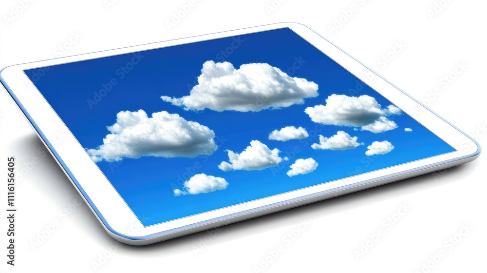 Poster tablet displaying a blue sky with clouds representing cloud computing and network technology concept