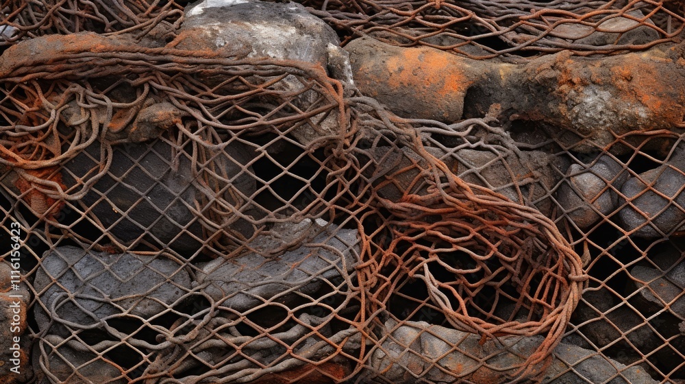 Poster rusty wire mesh stack with aged metal textures and industrial look suitable for backgrounds and text