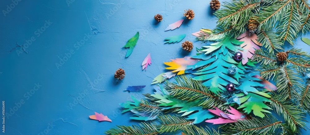 Poster colorful christmas tree made from paper cutouts and spruce branches against a blue background with p