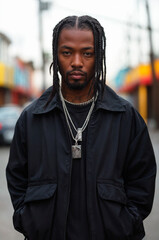 Stylish Black man with braided hair and silver necklaces in urban setting.  .