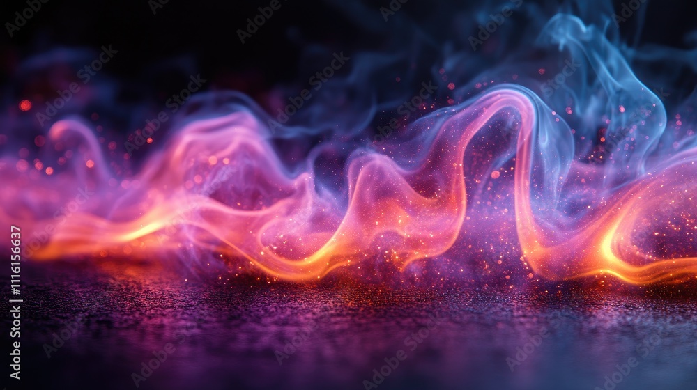 Poster Elegant purple and blue flames dancing on a dark background with glowing sparks creating a mesmerizing visual effect for artistic backgrounds.