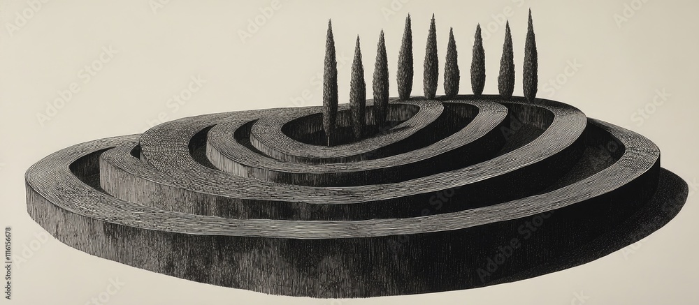Poster panoramic landscape featuring cypress trees with abstract swirling hills and shadows creating a sere