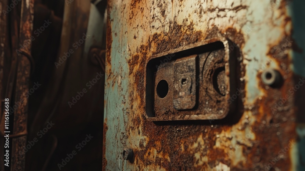 Poster weathered and corroded metal surface showcasing intricate rust patterns and textures on an old indus