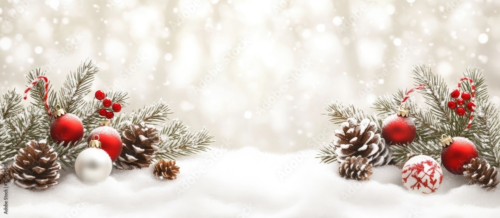 Aufkleber christmas decorations with pinecones and ornaments on snow with a soft light backdrop creating a fes