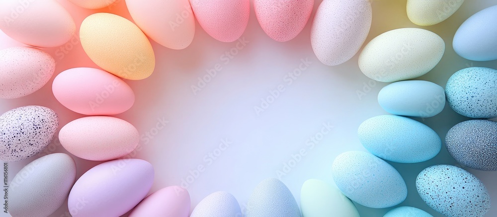 Poster colorful pastel easter eggs arranged in a circular pattern on a bright background perfect for season