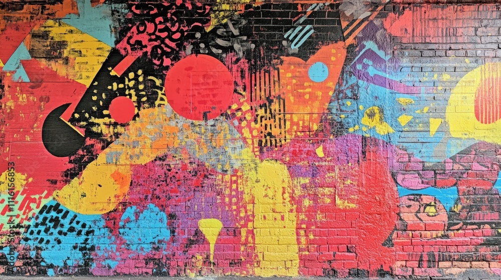 Aufkleber vibrant abstract mural symbolizing struggle and resilience through bold colors and dynamic patterns 