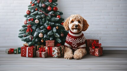 Adult Bernedoodle Dog in Festive Red and Green Sweater with Christmas Tree and Presents, Christmas Celebration