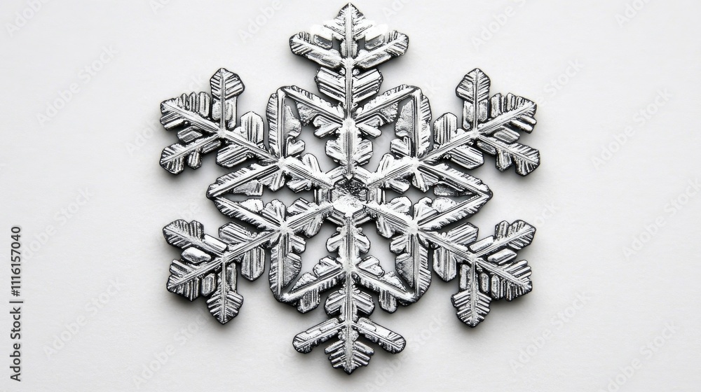 Poster intricate snowflake design against a minimalist white background highlighting its unique crystal str