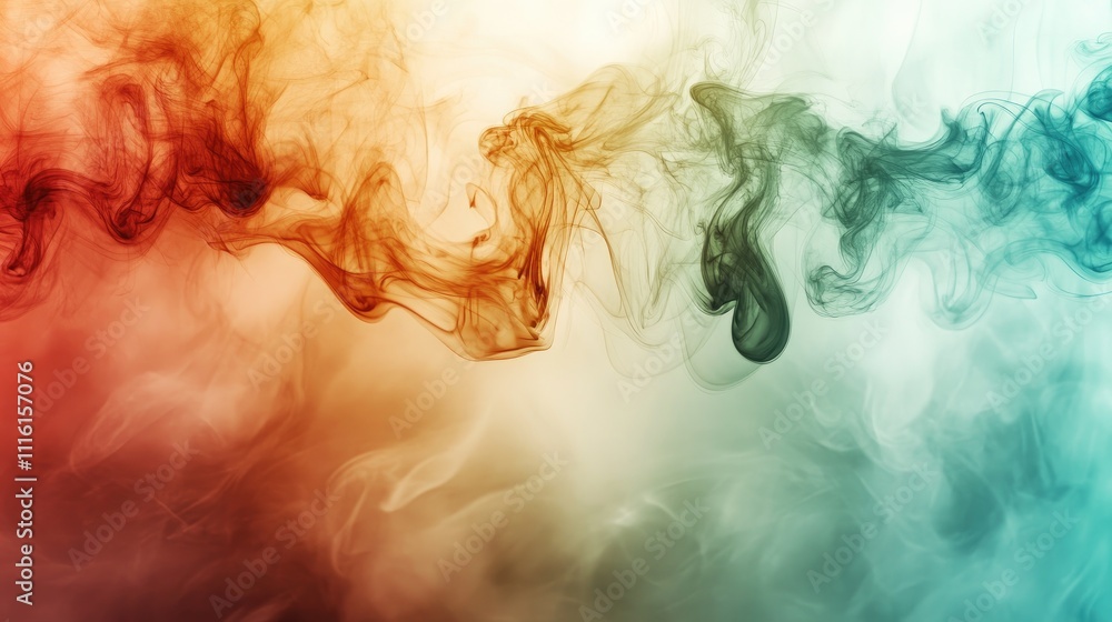 Poster Abstract colorful smoke waves in red green and brown floating on a soft white background artistic design for creative projects