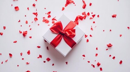 White gift box adorned with a vibrant red ribbon and surrounded by scattered red rose petals, ideal for celebrations, holidays, and special occasions, gifts, greeting cards, festive themes.
