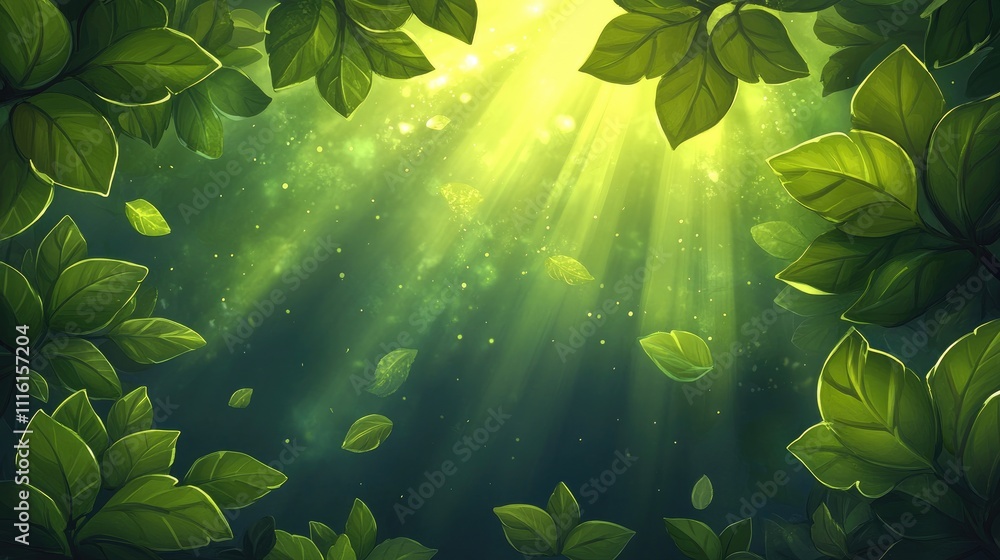 Aufkleber sunlight filtering through lush green leaves creates a serene summer background with soft beams and 