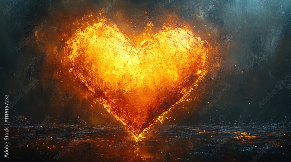 Poster fiery heart illuminated in dynamic light against a dark atmospheric background evoking passion and w