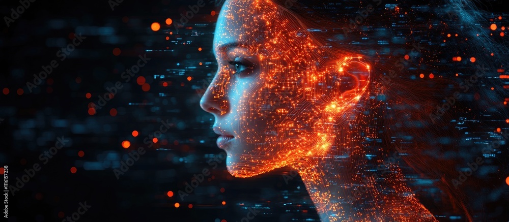 Poster woman profile with glowing digital brain and circuit-inspired backdrop, symbolizing artificial intel