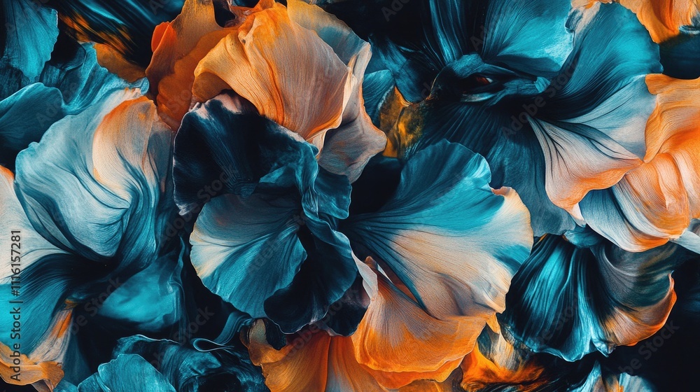 Fototapete Vibrant abstract pattern of flowing petals in blue and orange hues against a dark background creating a dynamic visual effect.