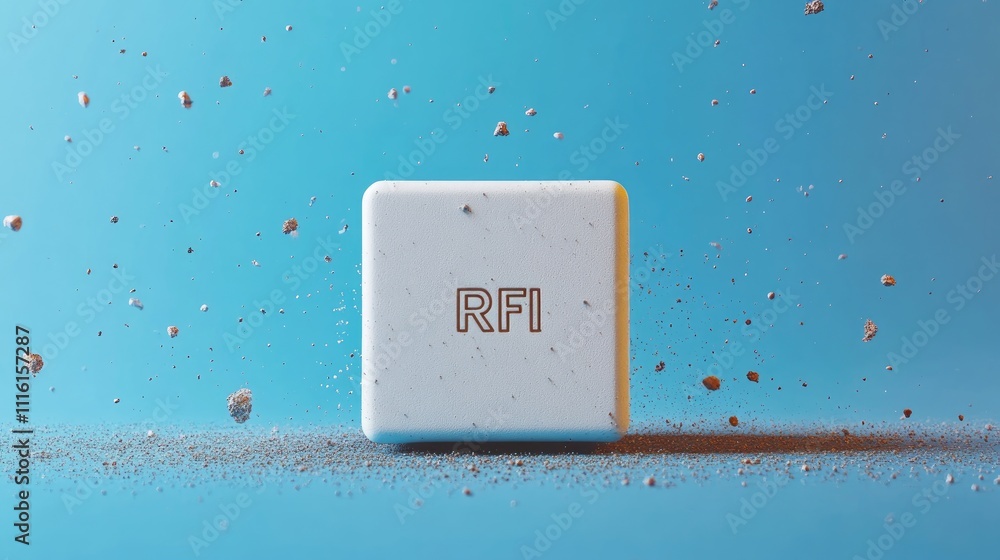 Poster abstract white cube with rfi abbreviation surrounded by floating particles on a vibrant blue backgro