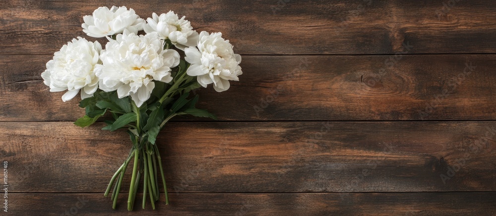 Poster charming white flower bouquet arranged on a rustic wooden table with ample empty space ideal for tex