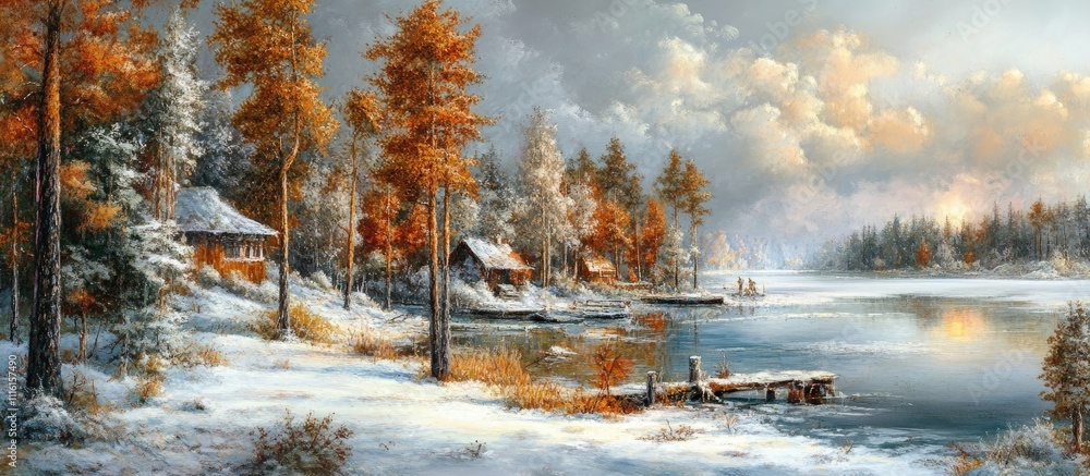 Aufkleber serene winter scenery showcasing a tranquil icy lake surrounded by snow-covered trees and rustic cot