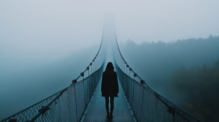 Fototapeta premium Mysterious Misty Suspension Bridge in Tranquil Forest Landscape