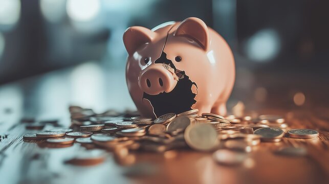 Broken piggy bank with coins scattered around, symbolizing financial struggle and the need for careful budgeting and saving.