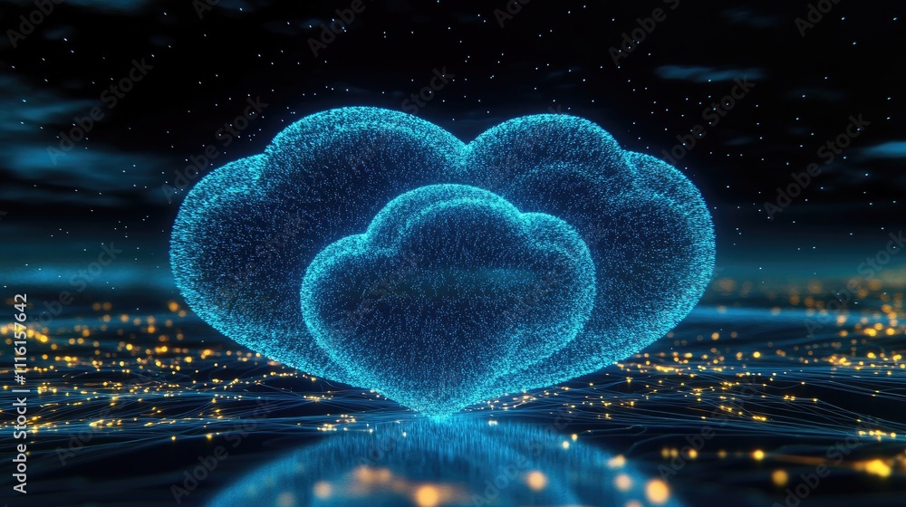 Aufkleber Cloud computing technology concept with interconnected data clouds glowing above a digital landscape representing big data analysis and cybersecurity.