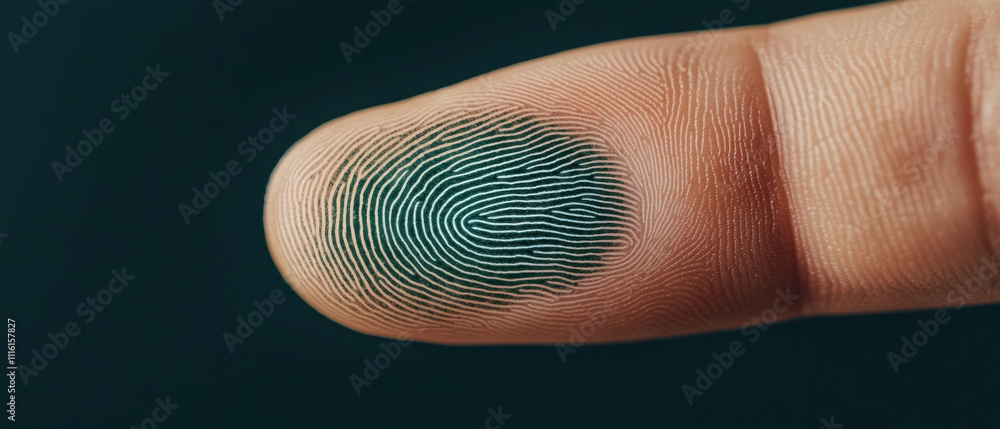 Poster a close-up of a finger displaying a unique fingerprint pattern, highlighted in green against a dark 